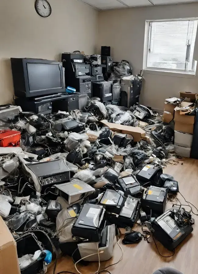 a room filled with lots of electronics and a clock on the wall