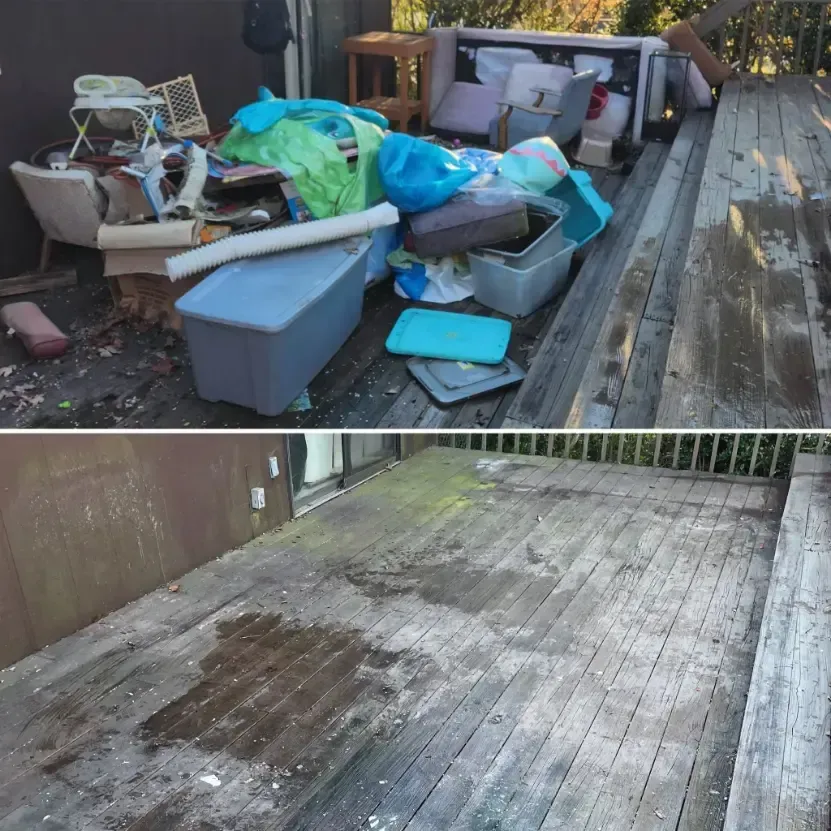 A before and after picture of a messy deck