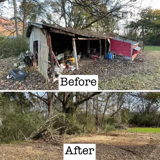 A before and after picture of a shed in the woods.