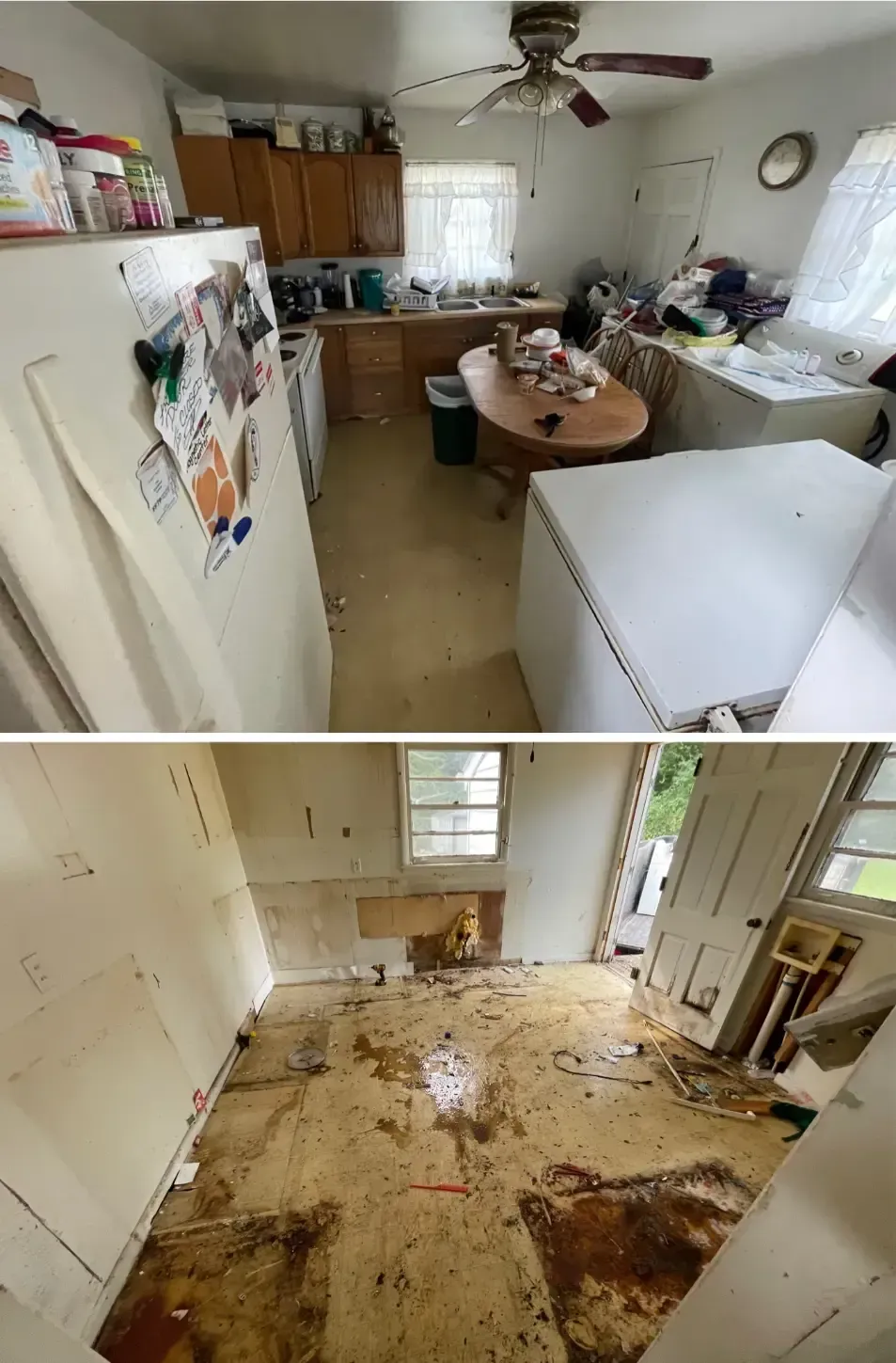 a before and after photo of a kitchen with a ceiling fan .