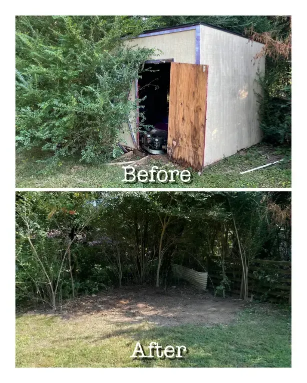 A before and after picture of a shed surrounded by trees.