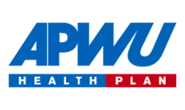 A blue and red logo for apmu health plan