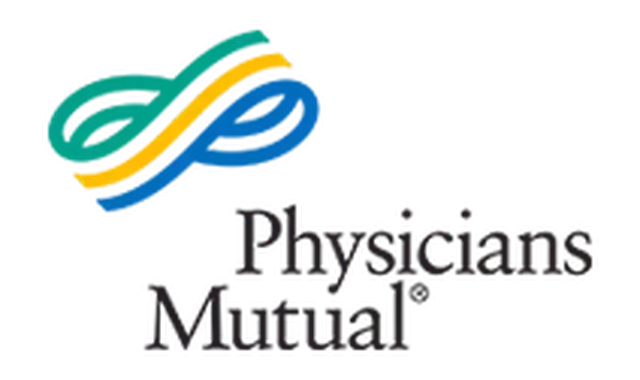 A logo for physicians mutual with a blue yellow and green infinity symbol