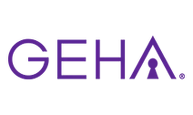 A purple logo for geha with a keyhole in the middle