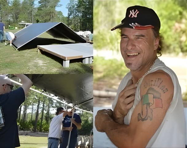 Man with tattoo smiles next to images of solar panel assembly in outdoor setting.