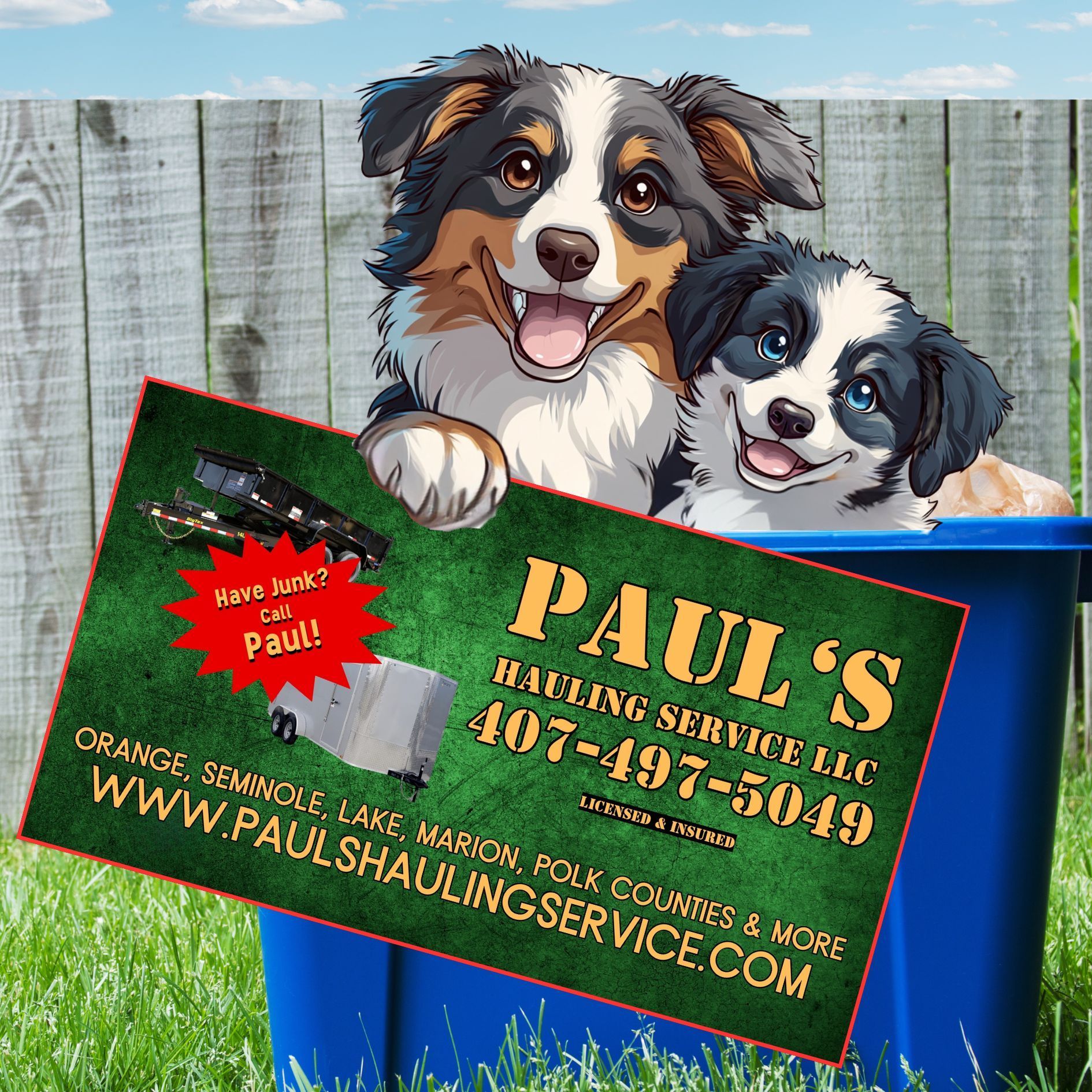 Two dogs peeking over a blue container, holding a sign for