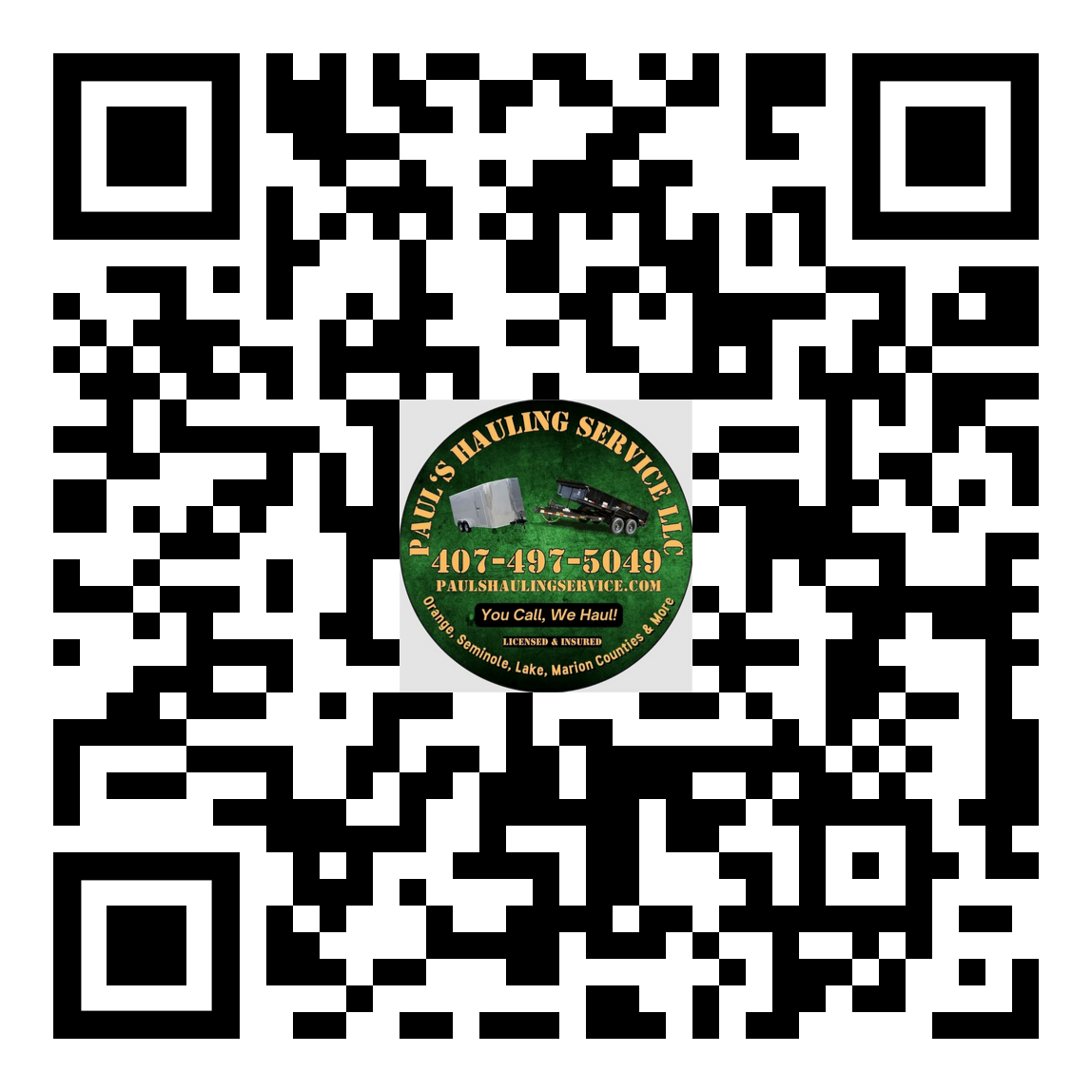 QR code with a logo for Paul's Hauling Service LLC, including a phone number and a truck image.