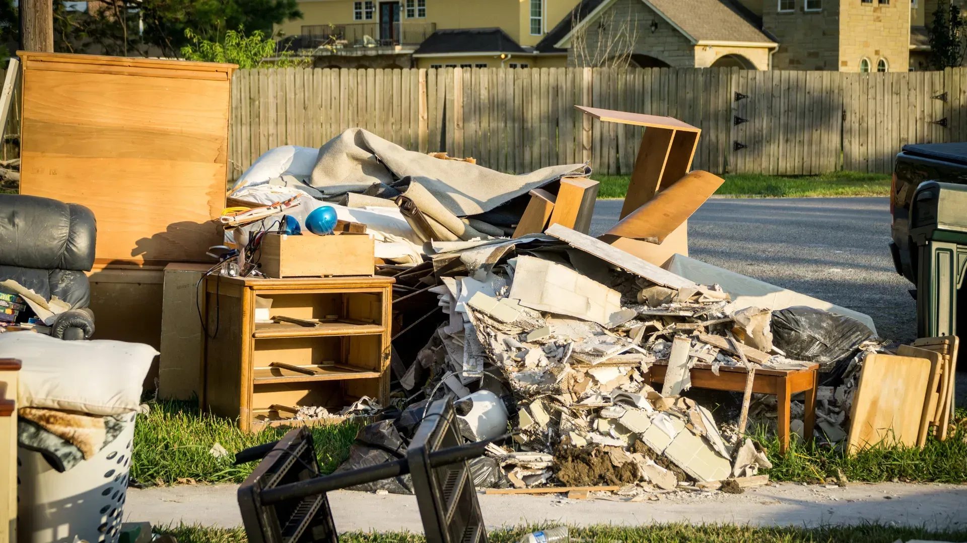 Pile of discarded furniture and debris on a curb in front of a house.