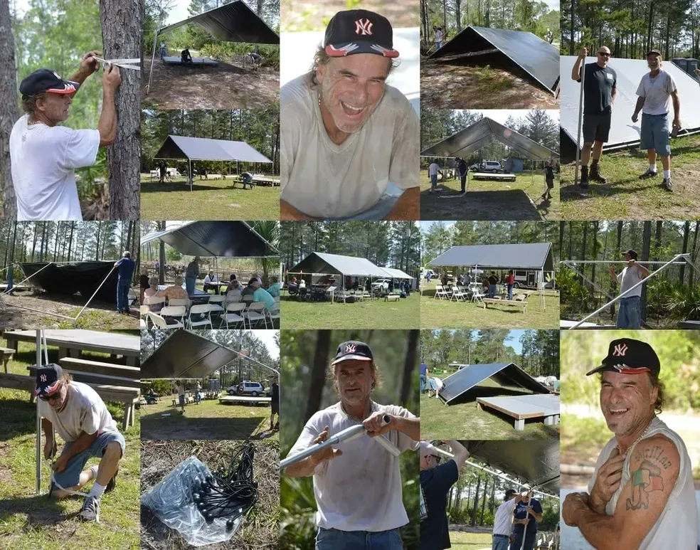 A collage of photos: man constructing a tarp shelter outdoors with others, smiles.