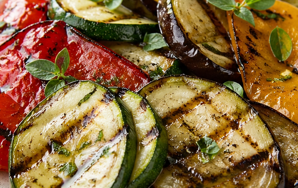 Zucchine, peperoni rossi, melanzane e zucca grigliati, conditi con olio ed erbe aromatiche.