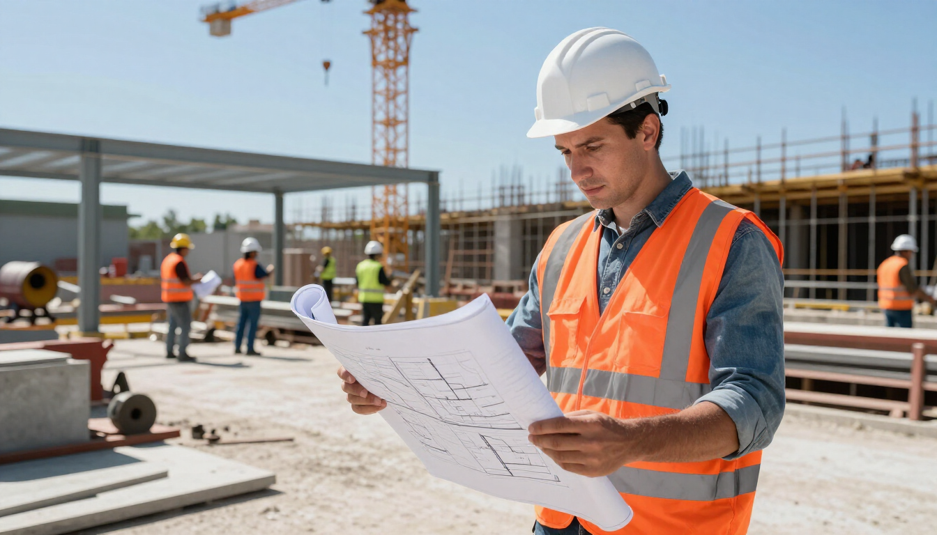 A building permit application sitting on architectural plans with professional tools.