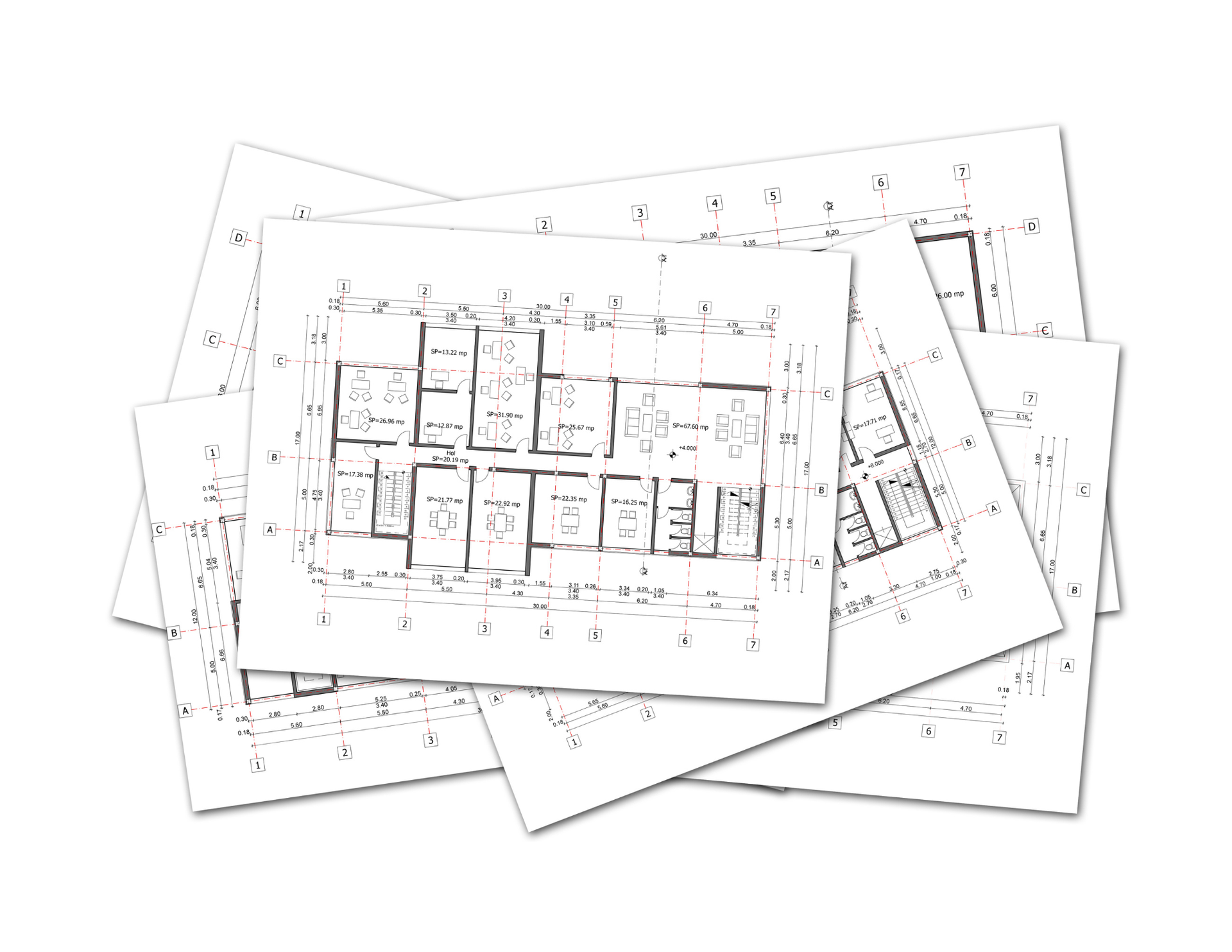 A stack of architectural floor plan sketches featuring grid layouts, rooms, and measurement annotations.