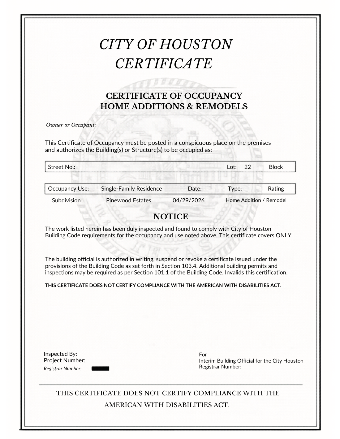 A City of Houston Certificate of Occupancy for home additions and remodels, including permit and property details.