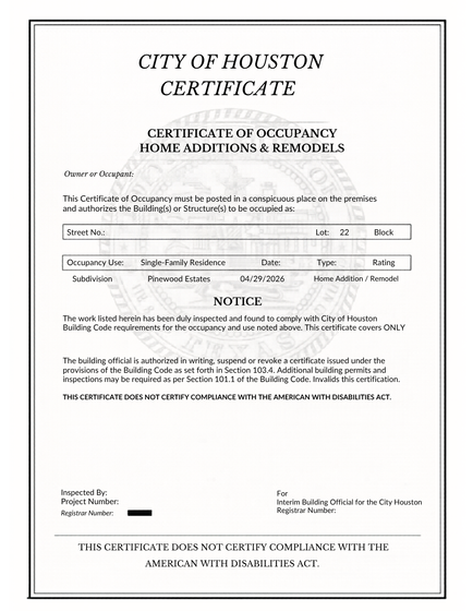 City of Houston Certificate of Occupancy for home additions and remodels.