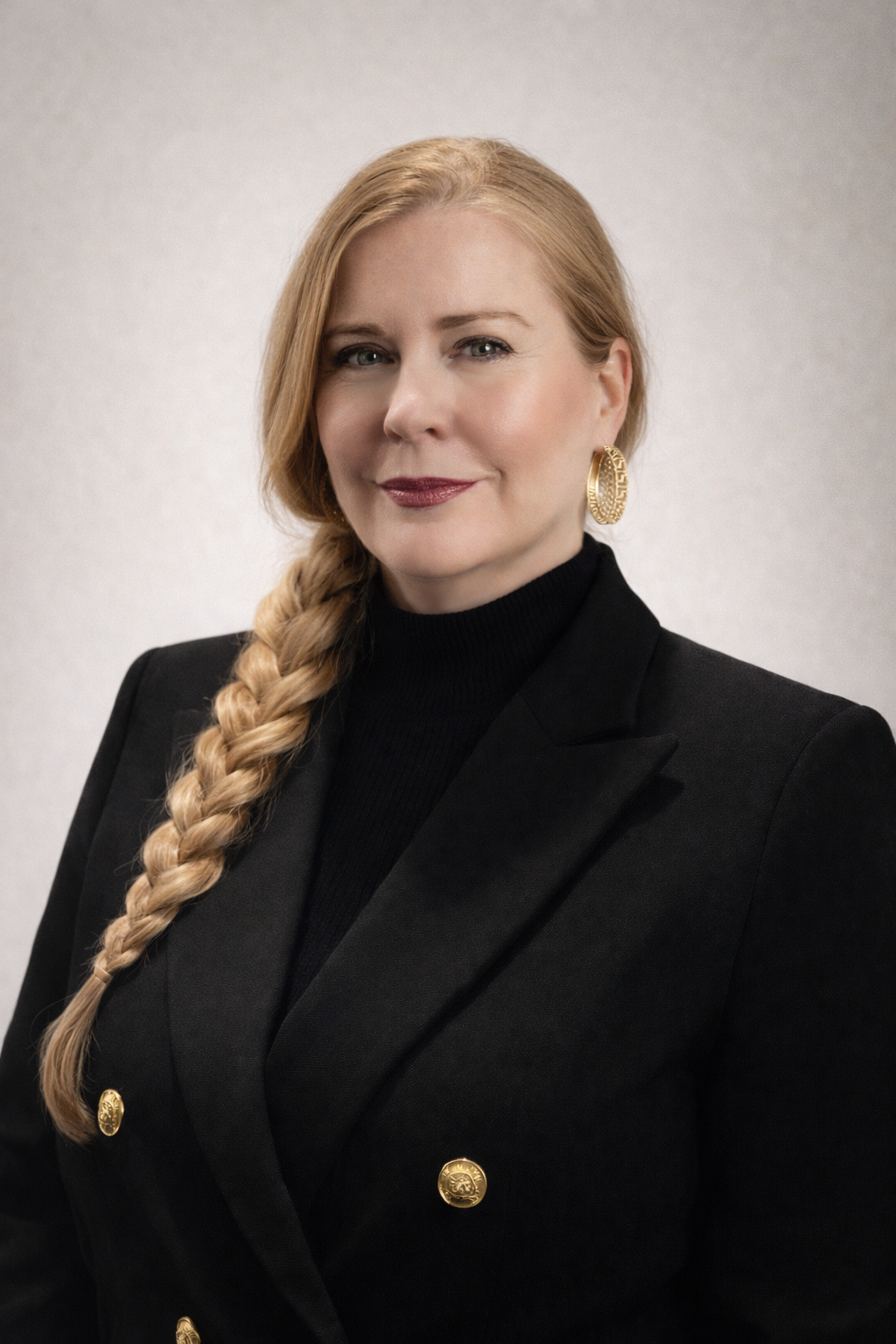A woman with blonde braided hair wearing a black blazer and gold earrings poses against a plain, light background.