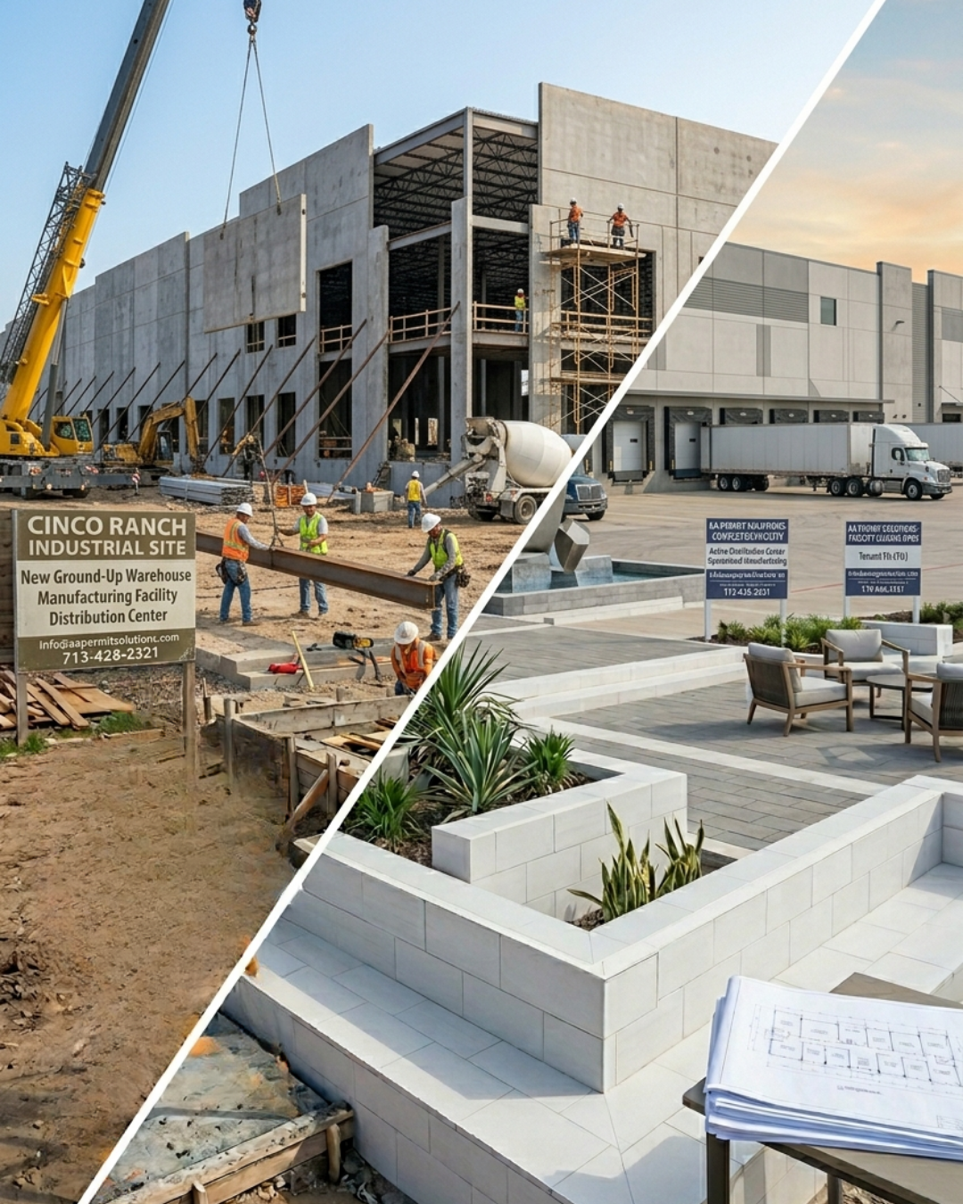 A split-view image showing a construction site on the left and a completed, landscaped industrial office park on the right.