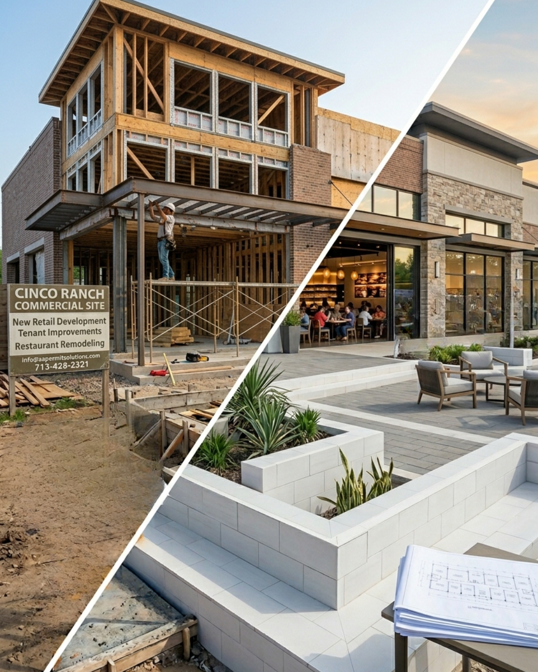 A split-screen showing a building under construction on the left and the completed, occupied venue on the right.