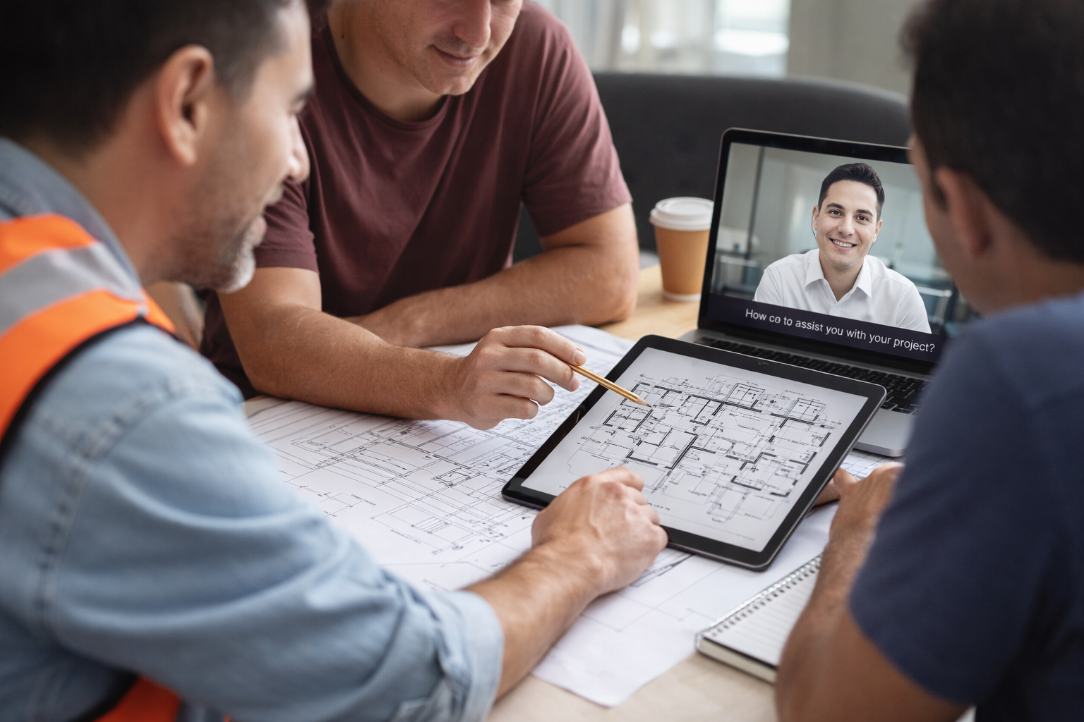 Three colleagues collaborate over building blueprints on a digital tablet during a video call with a remote team member.
