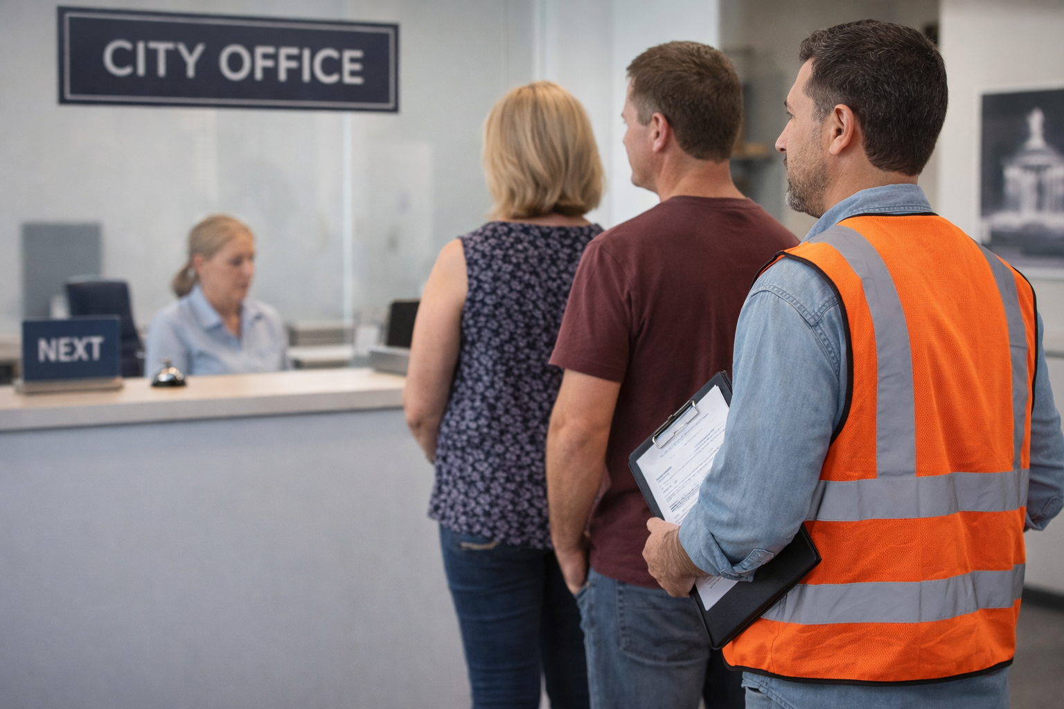 People stand in line at a City Office counter while a staff member waits at the desk.