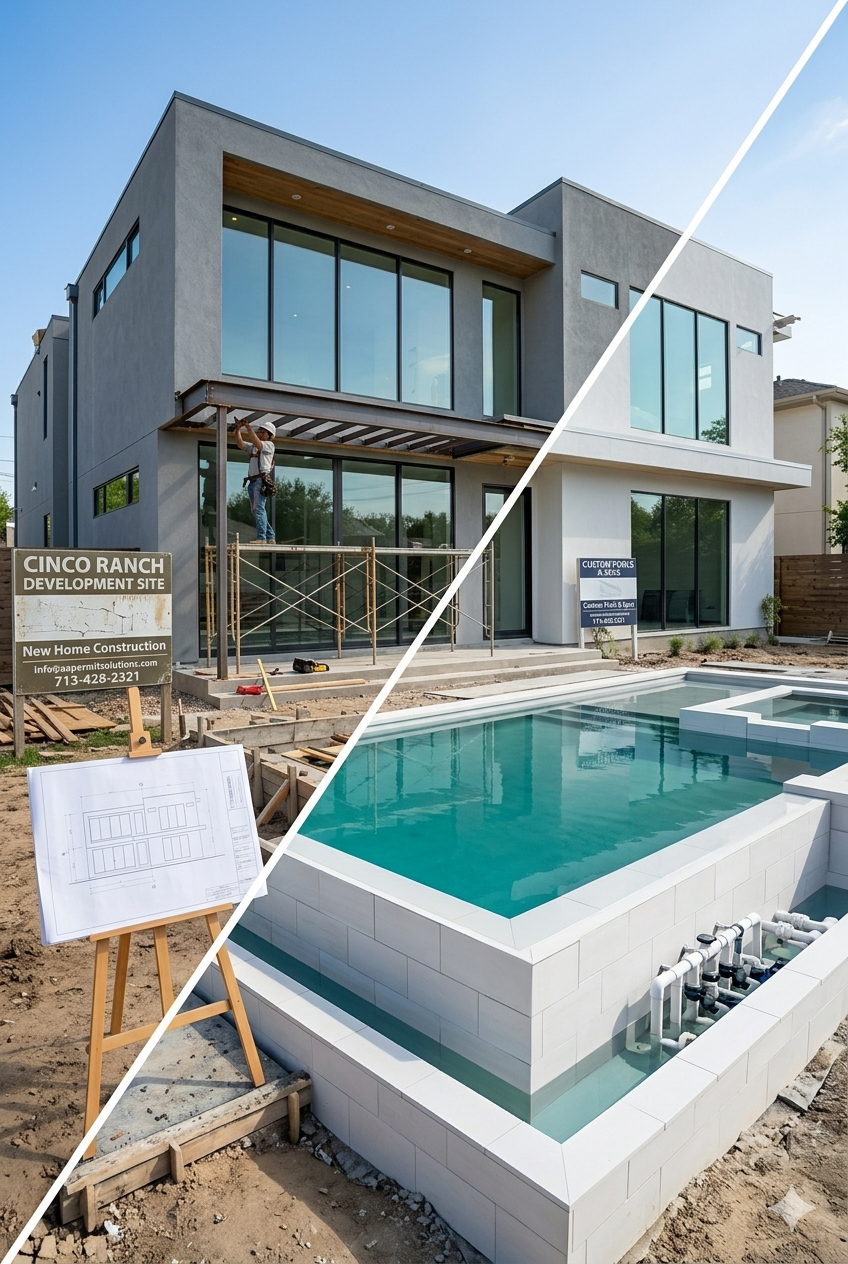 Split view showing a modern two-story house under construction next to the completed pool area and landscaped exterior.