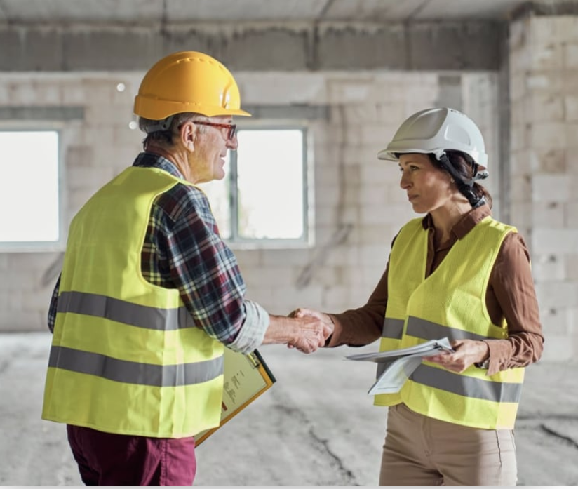 Two professionals in high-visibility vests and hard hats shake hands inside an unfinished building construction site.