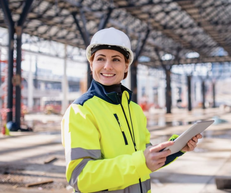 A construction worker in a hard hat and high-visibility jacket holds a tablet while standing on a building site.