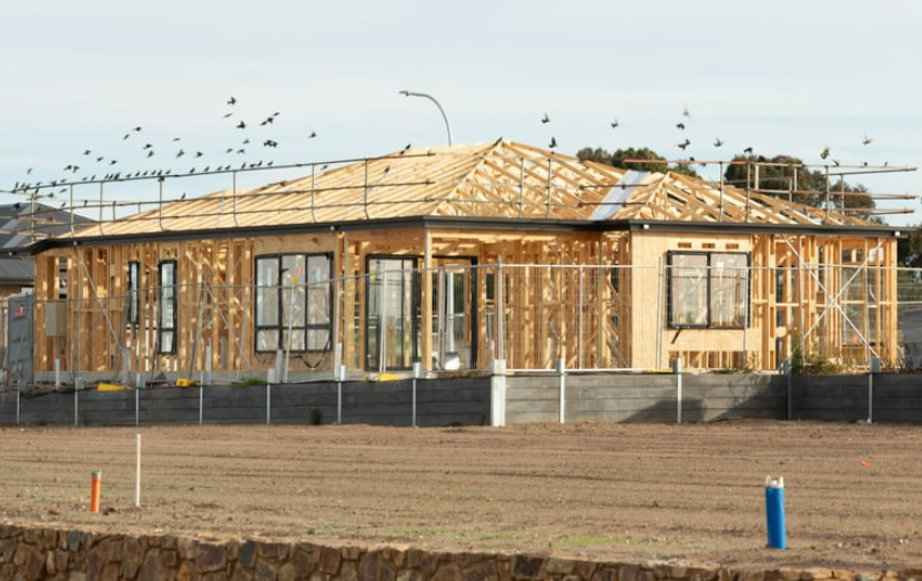 A house under construction with exposed wooden framing and roof trusses, set against a field with a flock of birds above.