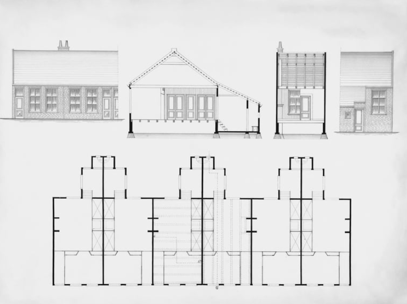 Architectural technical drawing showing elevations, sections, and floor plans for a three-unit residential structure.
