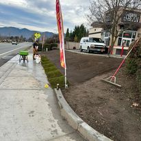 A man is standing on a sidewalk next to a road.