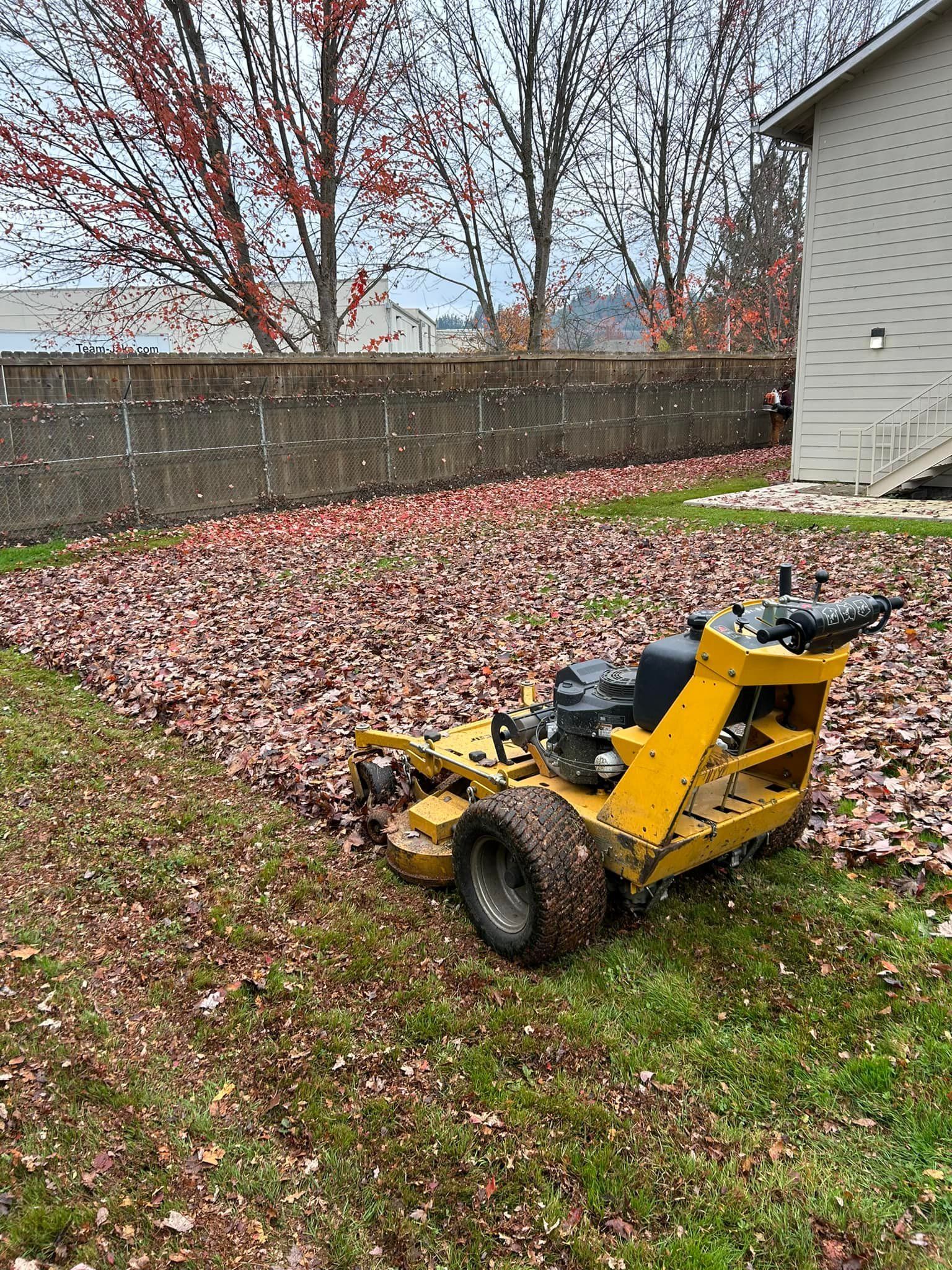 A yellow lawn mower is sitting on top of a lush green lawn covered in leaves.