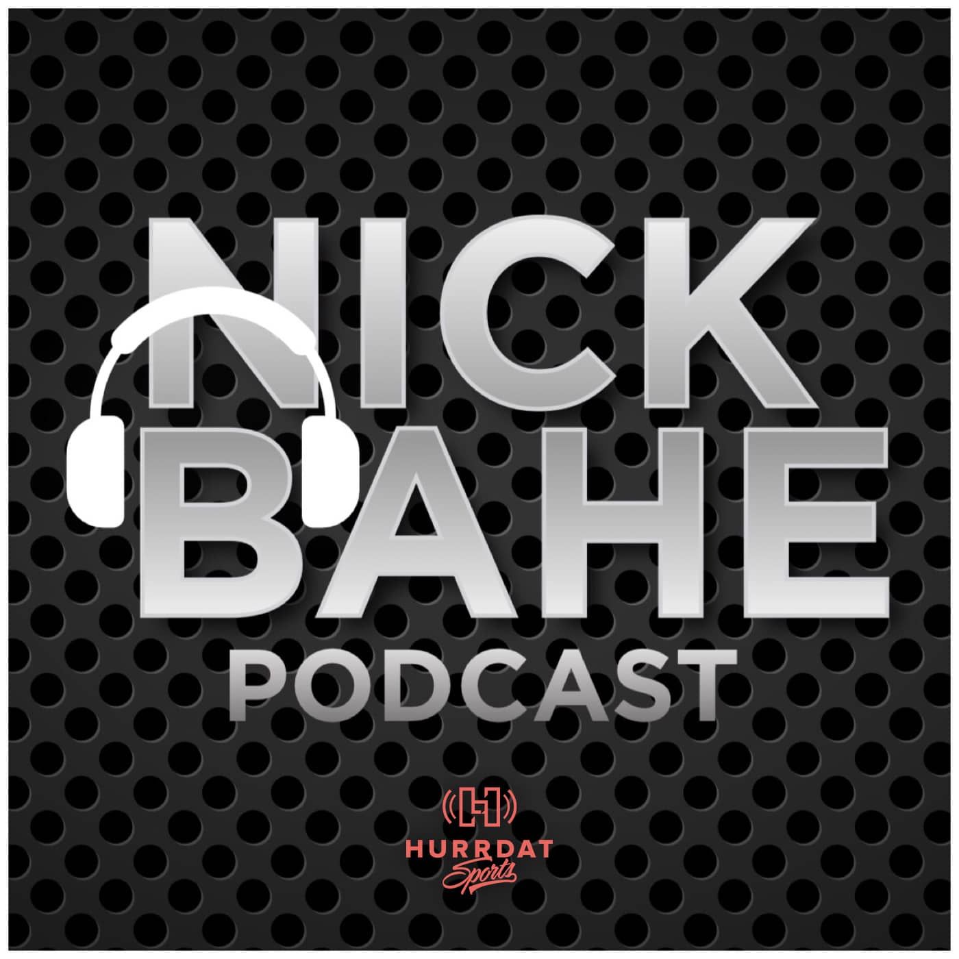 A black and white logo for nick bahe podcast