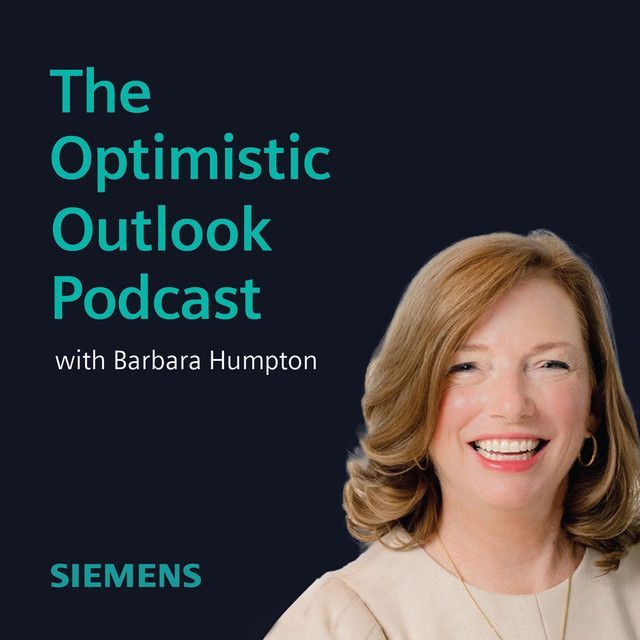 A woman is smiling on the cover of the optimistic outlook podcast