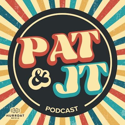 The logo for pat and jt podcast has a sunburst background