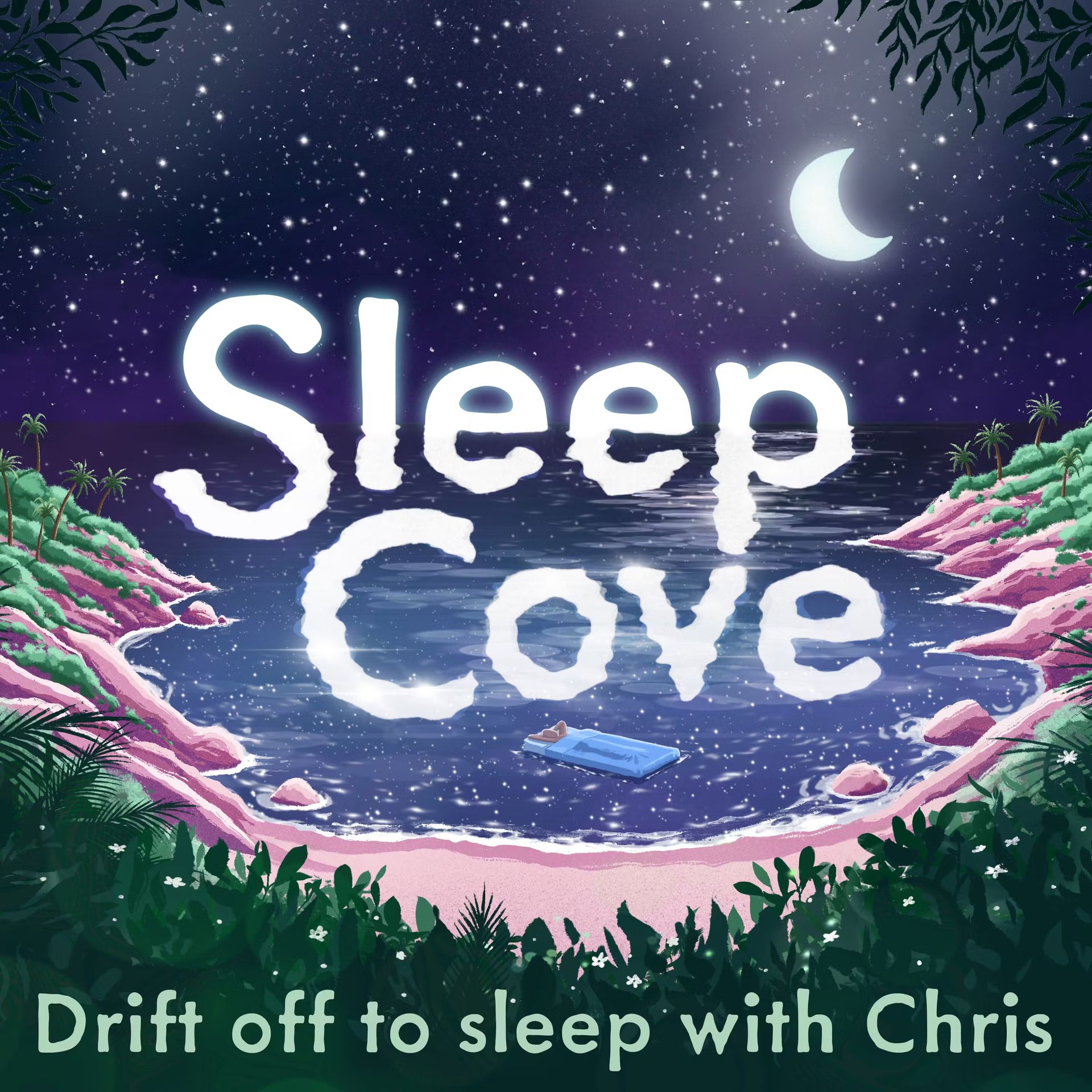 A pixel art illustration of a beach with the words sleep cove drift off to sleep with chris.