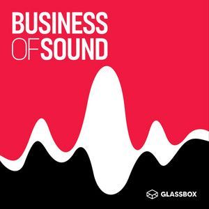A red background with a white wave and the words business of sound