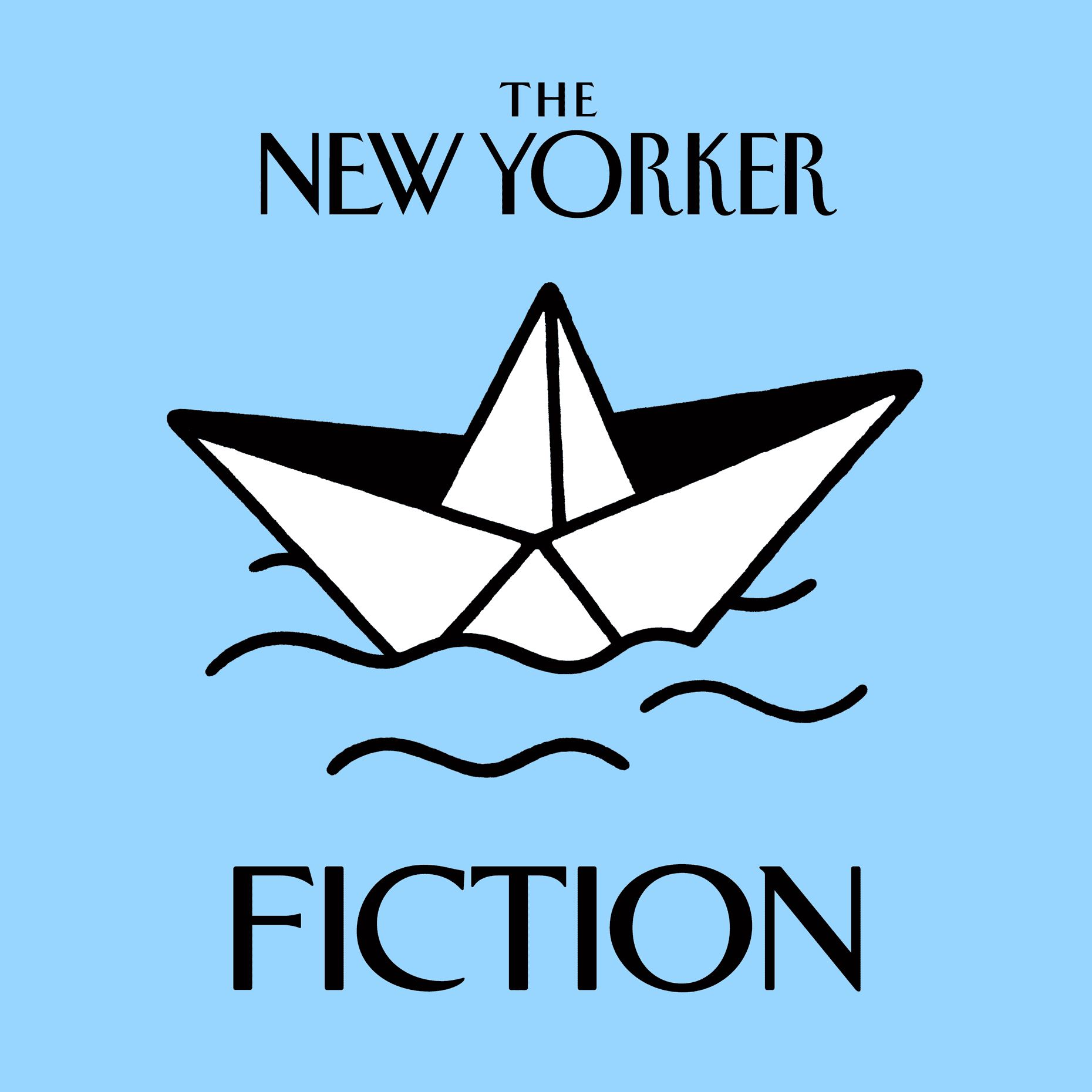 The new yorker fiction logo with a paper boat in the water