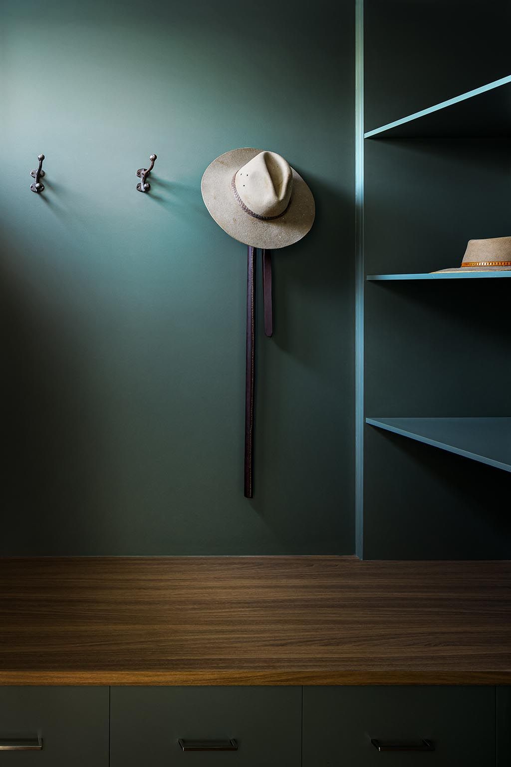a hat is hanging on a hook in a closet .