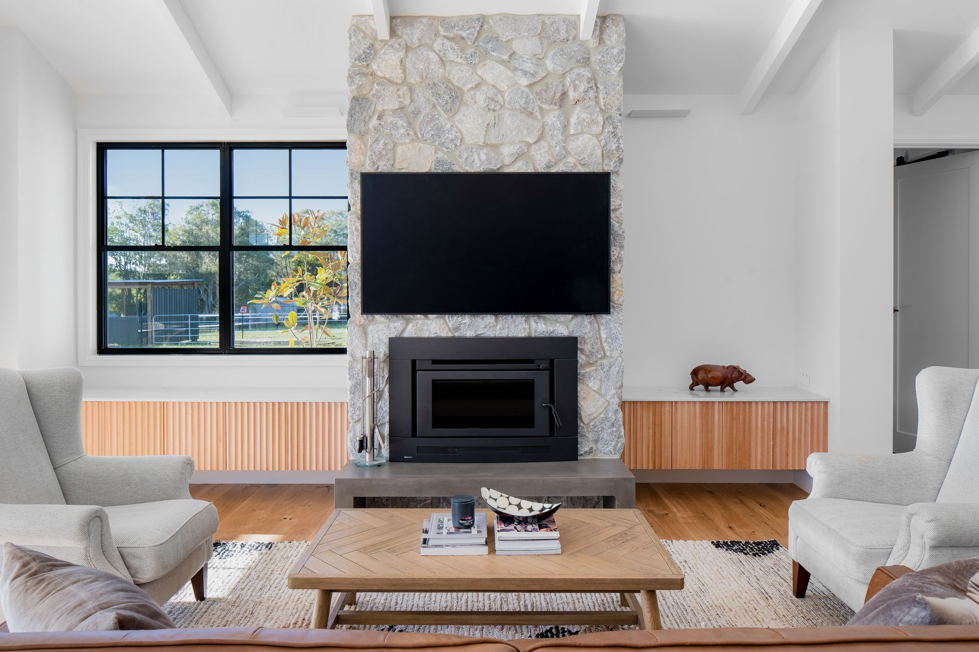 a living room with a fireplace and a flat screen tv .