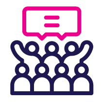 Group of people with raised hands, listening to a statement in a speech bubble above.