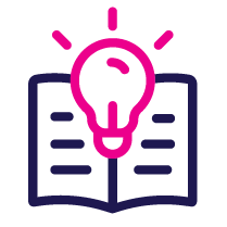Open book with pink lightbulb, symbolizing knowledge and ideas.