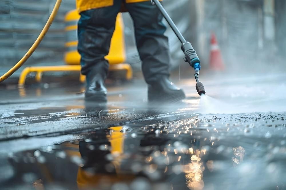 A man is cleaning the ground with a high pressure washer.