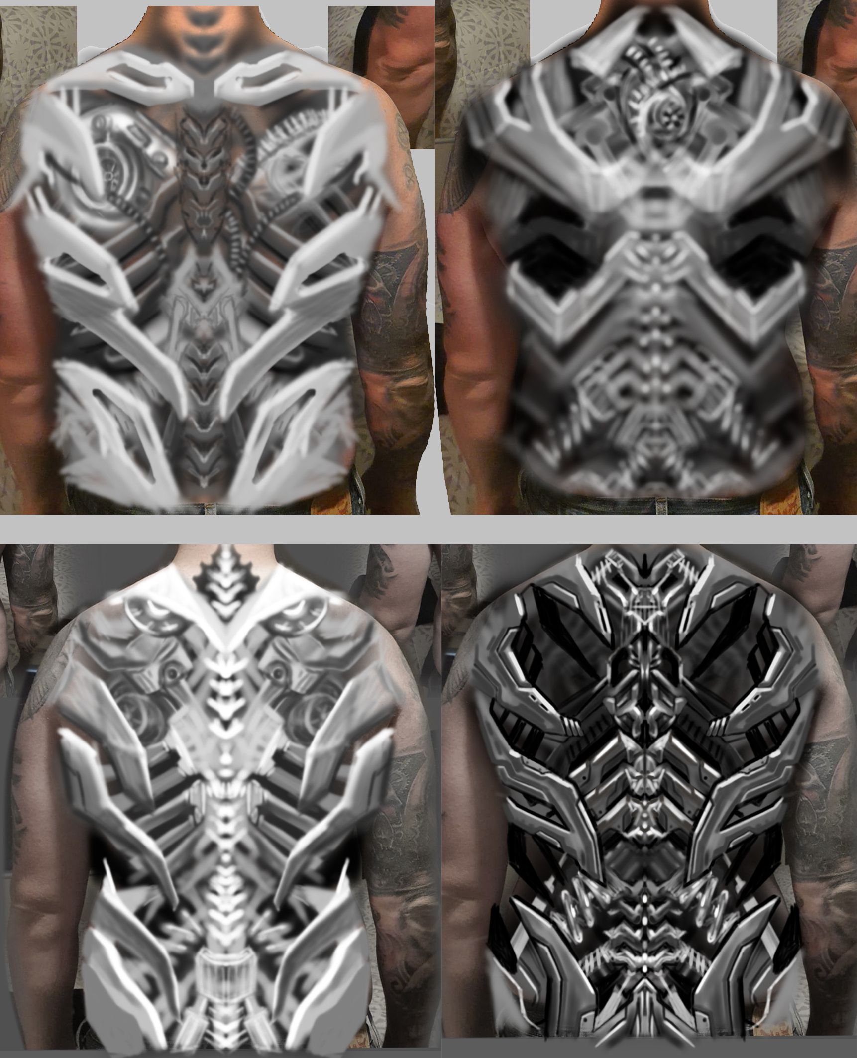 Skethes of back tattoo with four diferent versions of biomechanical design
