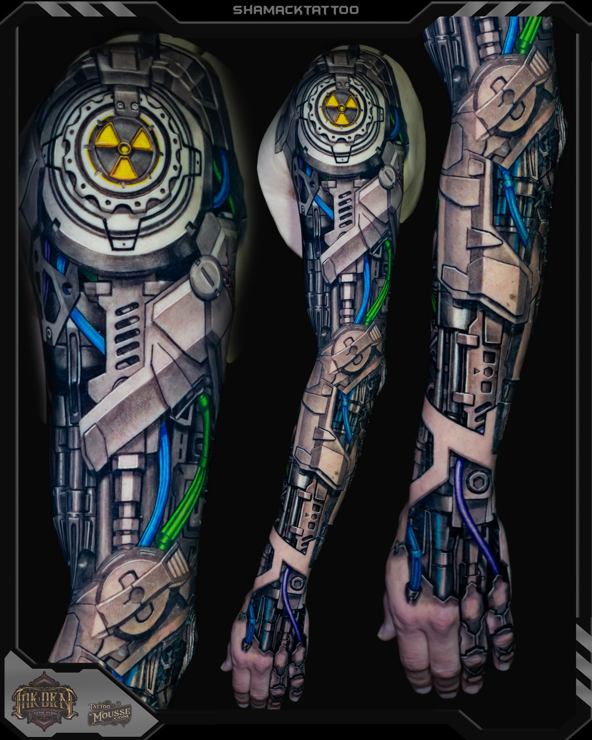 3D biomechanical sleeve tattoo by Shamack inspired by engines, processors, and mechanical wiring
