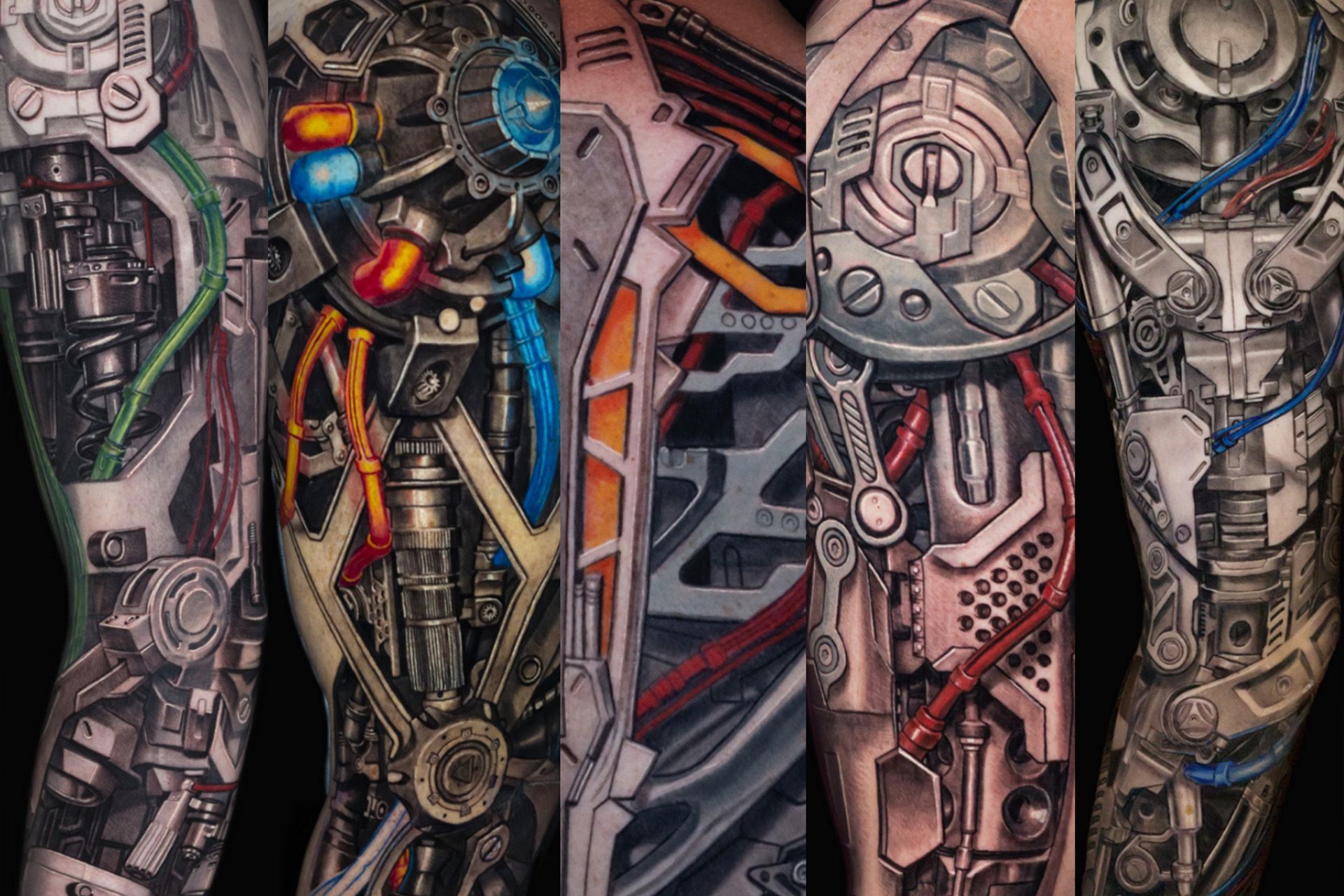 Biomechanical tattoo sleeve details by Shamack, showcasing 3D mechanical realism, metal textures, and vibrant wiring in futuristic tattoo design