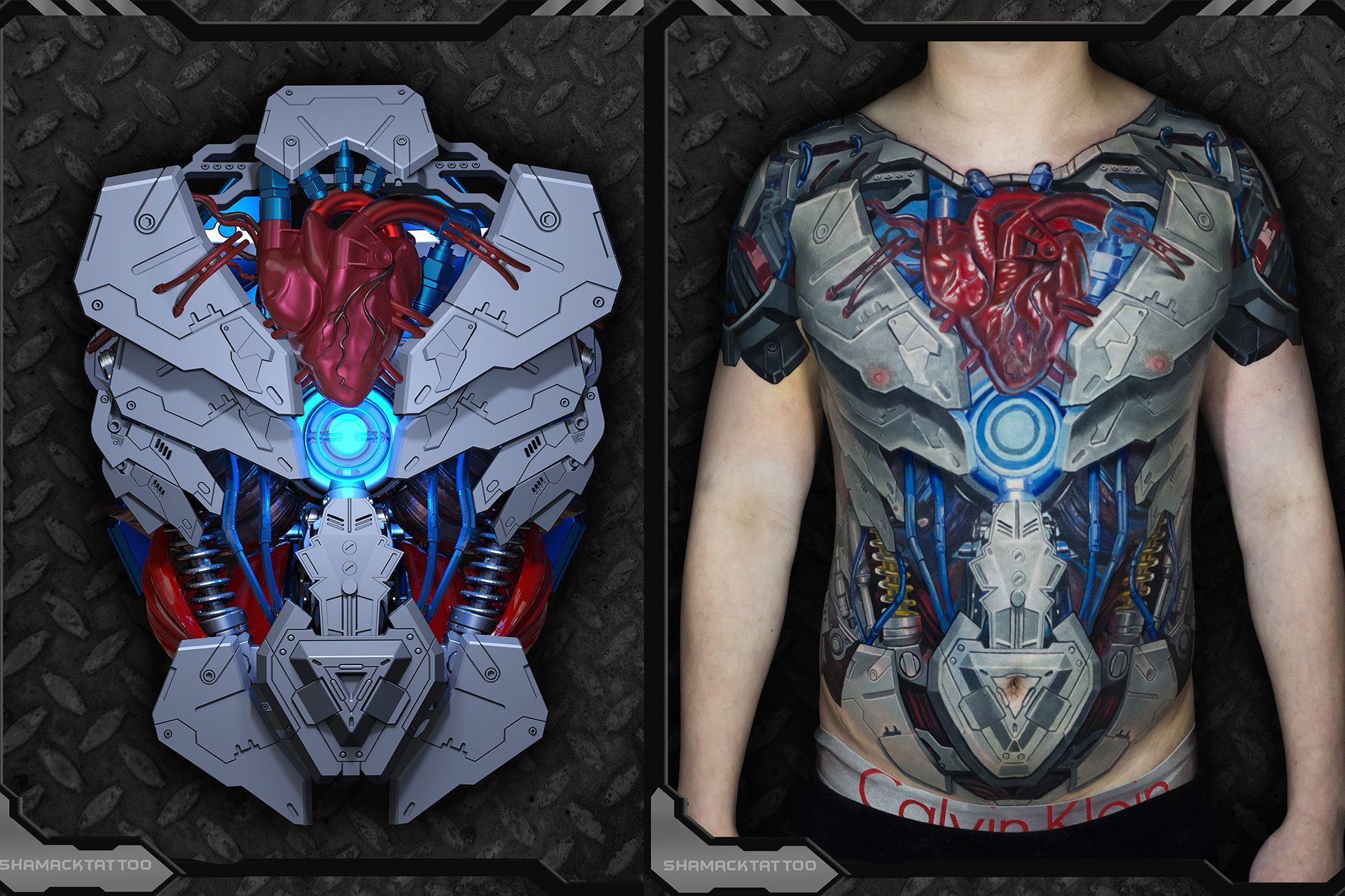 3D digital model and finished biomechanical tattoo design created by Shamack.
