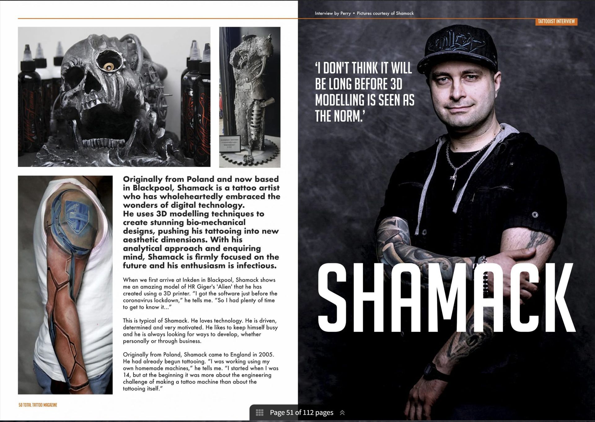 Award-winning realism and biomechanical tattoo artist Shamack featured in Total Tattoo Magazine, showing 3D sculpted skull artwork and tattoo realism.