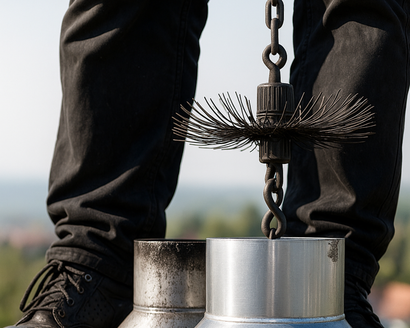 Ramoneur avec hérisson de ramonage et chaîne, nettoyage du conduit de fumée.