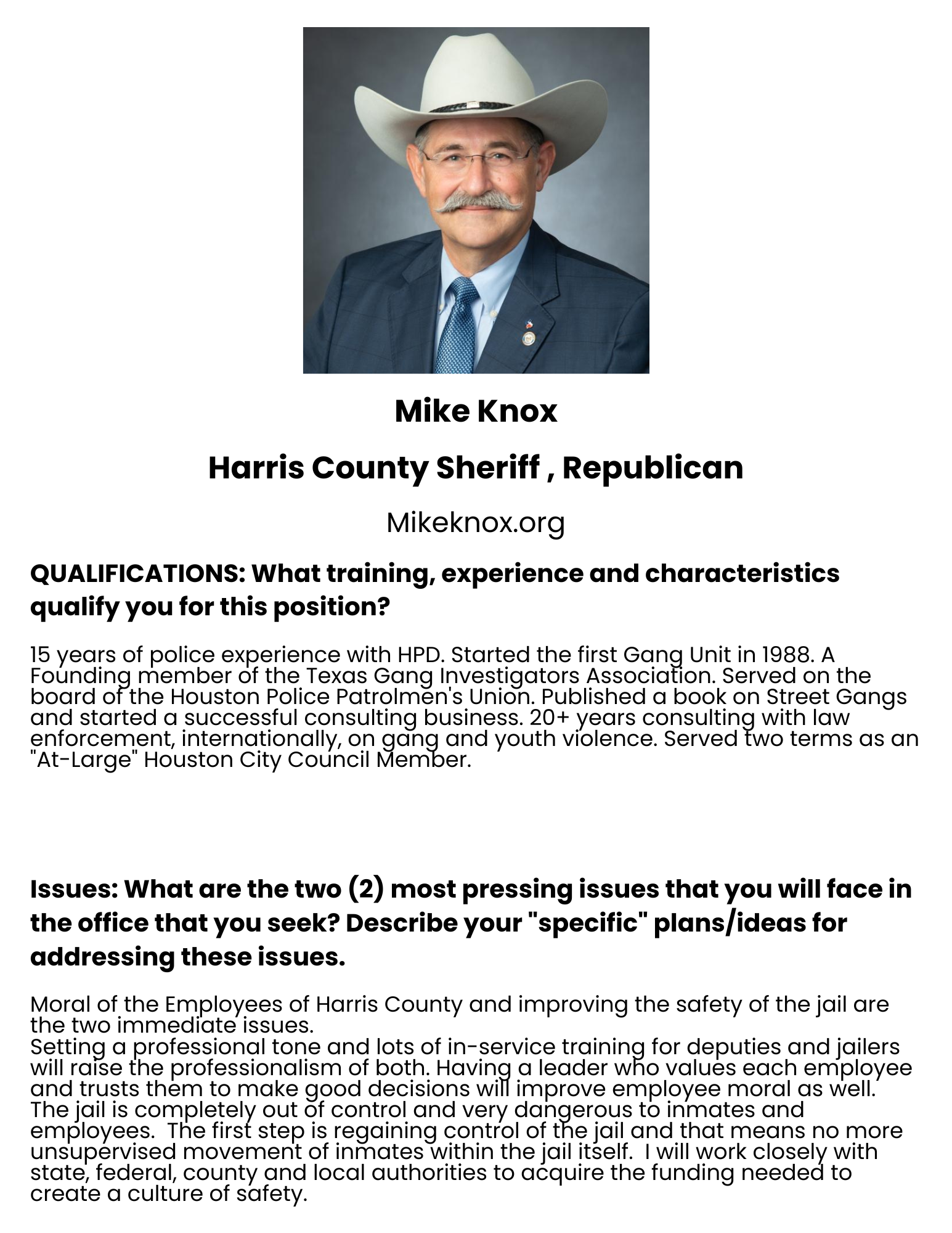 Mike Knox, Republican Candidate for Harris County Sheriff