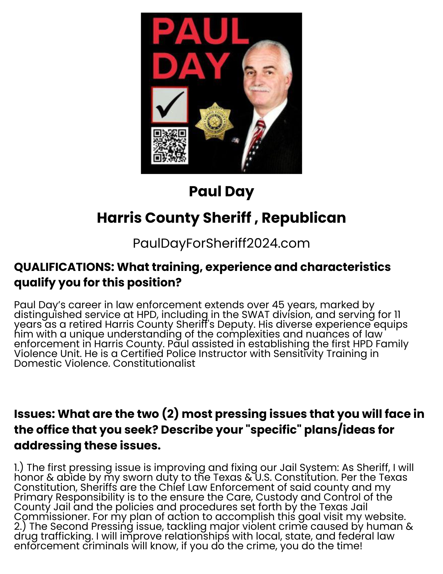 Paul Day, Republican Candidate for Harris County Sheriff