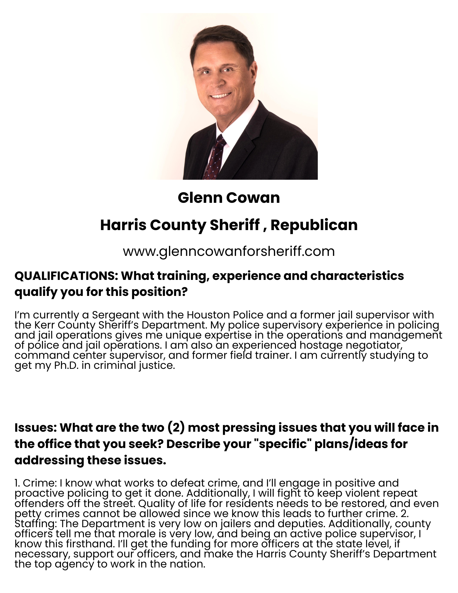 Glenn Cowan, Republican Candidate for Harris County Sheriff